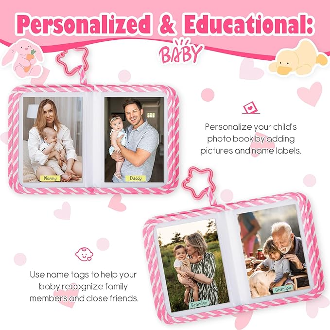 Lanpn Baby Photo Album Holds 17 4x6 Pictures, My First Soft Cloth Family Photo Book with Name Card & Name Tag Sticker, Fabric Kid Memory Keepsake Gift for Baby Shower Newborn Toddler Girl (Bear)