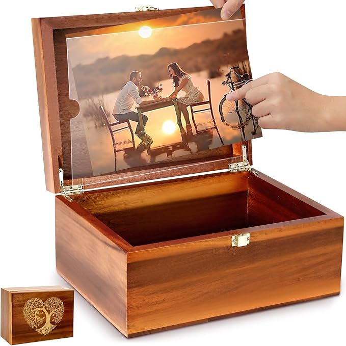 Large Wooden Keepsake Box with Hinged Lid and Photo Frame - Elegant Wedding Memory Box, Ideal for Photos, Letters, Time Capsules, Bride Gift, Love, Decorative Storage，5.5“*8.6”*11.3“