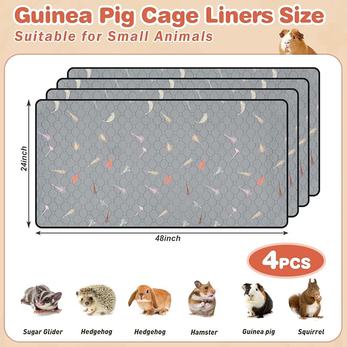 4Pcs Guinea Pig Cage Liners,Guinea Pig Fleece Cage Liners24''X48'' Super Absorbent Washable Pee Pads Reusable for Rabbit Hamster Chinchilla