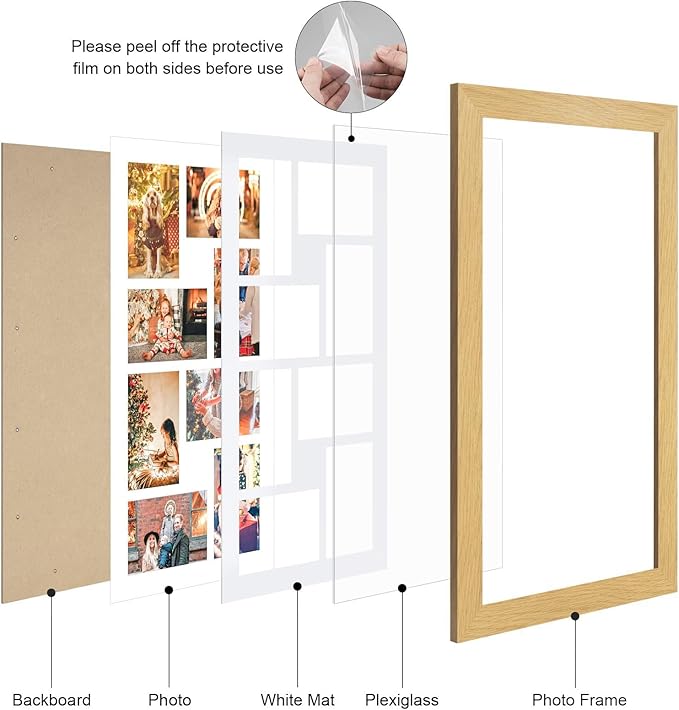 11.8x21.8 Picture Frame Display 8 opening 4X6 Picture Frame Collage,Multi Photo Frame with Mat,Plexiglass,Wall or Tabletop Decor,Natural Wood Grain