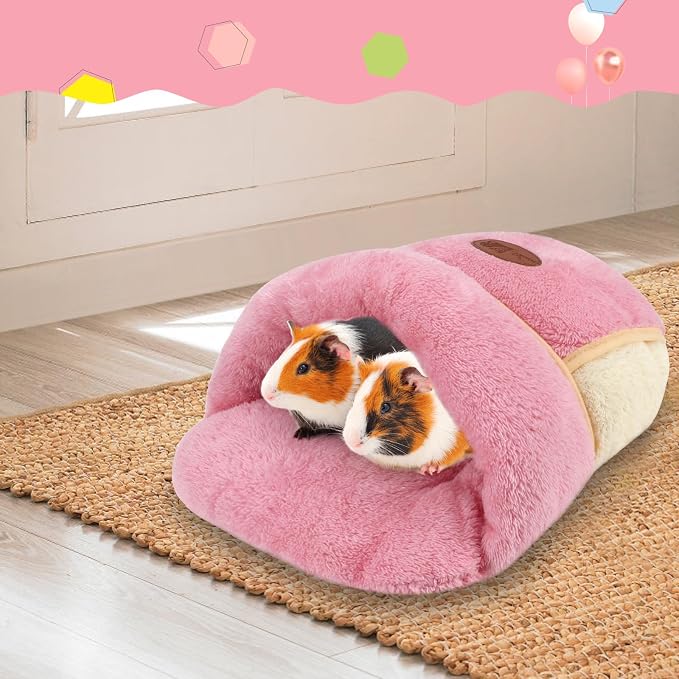 YUEPET Guinea Pig Bed, Warm Fleece Slipper Cuddle Cave, Pink | Cozy Guinea Pig House, Portable Guinea Pig Hideout, Thick Coral Fleece, Washable Cushion, Folds Flat for Storage
