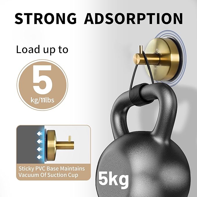 JOMOLA Suction Cup Shower Hooks for Hanging Towel Suction Hook for Inside Shower Stainless Steel Coat Hooks Wall Mounted Kitchen Utensil Stainless Steel, Brushed Gold, 2PCS