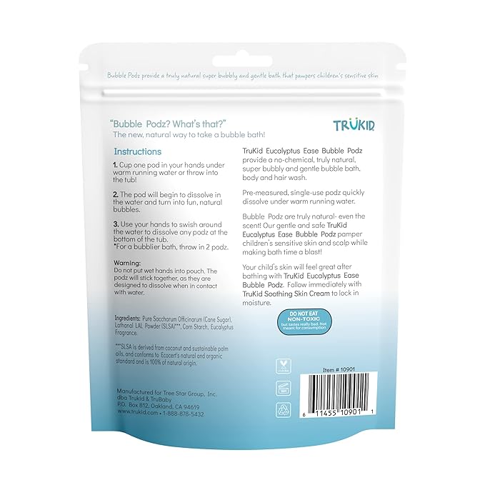 TruKid Bubble Podz Bubble Bath for Kids, Toddlers, & Babies, Tear Free Gentle & Refreshing Bath Bomb for Sensitive Skin with Natural Moisturizers, Non-Toxic, pH Balanced, Eucalyptus Scent (24 Podz)