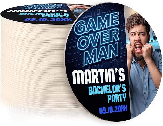 40 Pack Personalized Bachelor Party Coasters, Custom Cardboard Drink Coasters with Photo Print and Text, Fun Bachelor Party Favors and Gifts, 3.95" Round, Design 6
