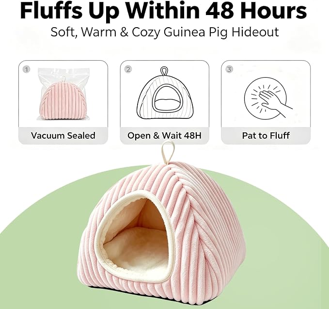 Guinea Pig Hideout Bed, Dwarf Rabbit Enclosed Cave,Pink | Small Animals Sleeping House with Removable Cushion, Foldable Washable Nest for Bunny, Hedgehog, Ferret, Chinchilla, Indoor
