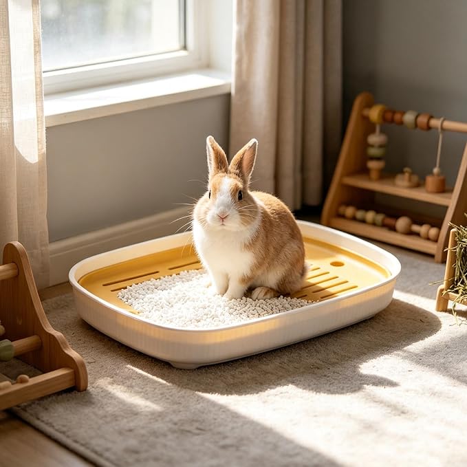 Rabbit Litter Boxs,Small Animal Litter Tray Potty Trainer with Grate,Yellow | Anti Splash bunny litter box, Easy Clean Litter Box for Bunny Hamster Ferret Rats Guinea Pigs Hedgehog 14.37x9.65x1.97in