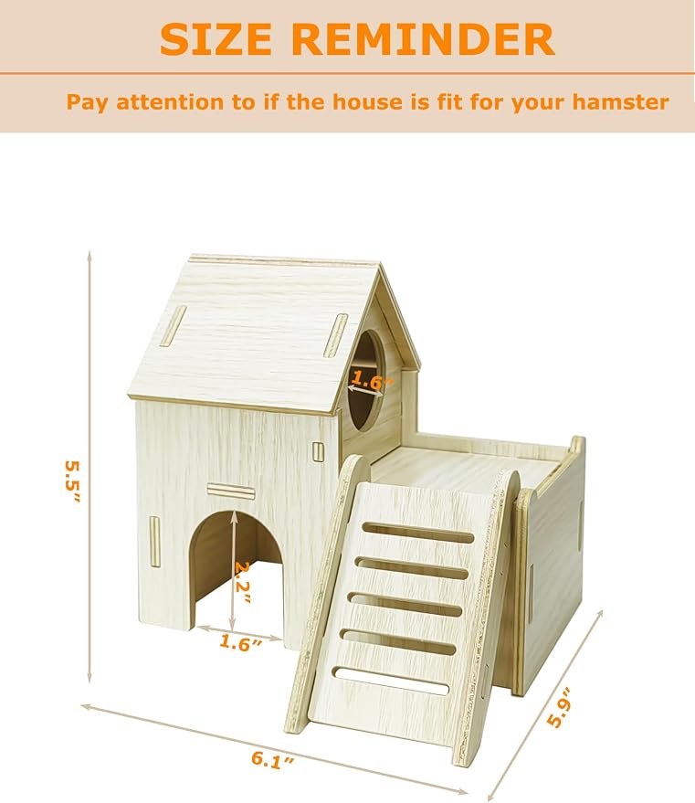 Hamster Hideout Cage Accessories - Hamster House and Habitat Wooden Hide Hut with Climbing Ladder and Platform for Dwarf Gerbils and Mouse Mice Rat Other Small Animals etc.