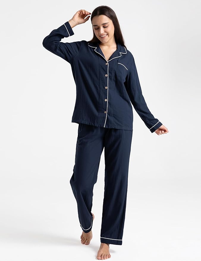 Womens Pajama Sets 100% Double Gauze Cotton Linen Like Muslin Pajamas Long Sleeve Button Down Sleepwear Soft Pjs Lounge Set