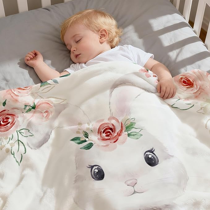 Personalized Baby Blanket with Name, Customized Soft Animals Flannel Blankets for Newborn Boys Girls and Toddlers, for New Mom, Infant Birthday Gift, Rabbit-2