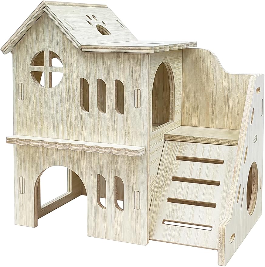 Hamster Hideout Cage Accessories - Hamster House and Habitat Wooden Hide Hut with Climbing Ladder for Dwarf Gerbils and Mouse Mice Rat Other Small Animals etc.