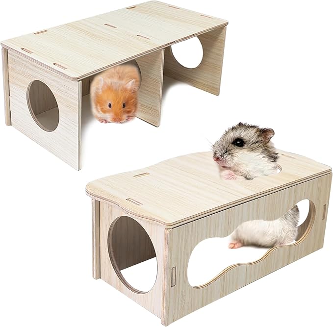 2 PCS Wooden Hamster Hideout Multi-Chamber Tunnel Set Hamster House Hiding Maze Platform Stuff Exploring Toy Cage Accessories for Gerbil Rat Mice