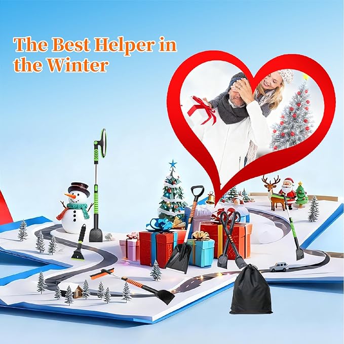43.3'' Snow Shovel & Snow Brush with Ice Scrapers for Car Windshield,5-in-1 Extendable Thicken Aluminum Tube,180° Pivoting Brush Head & Foam Grip for Christmas, Cars, Trucks, SUVs, Vehicle（Green