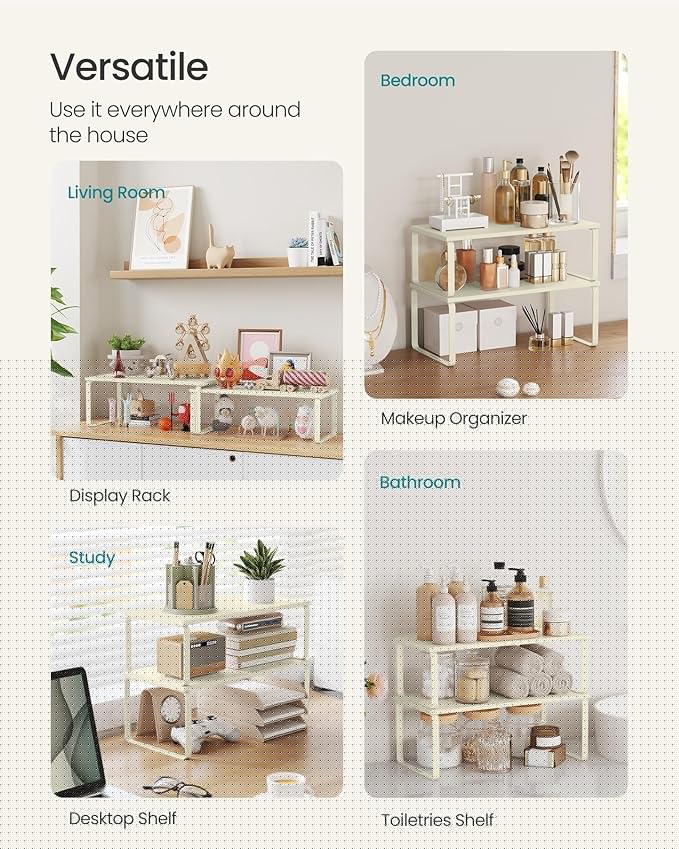 SONGMICS Cabinet Organizer Shelf, Set of 2 Kitchen Counter Shelves, Kitchen Storage, Spice Rack, Stackable, Expandable, Metal and Engineered Wood, Cream White UKCS200W02