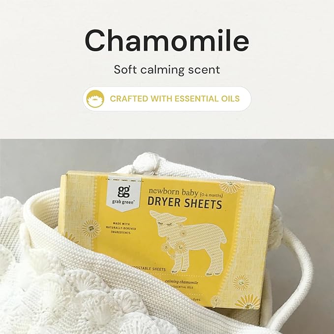 Grab Green Newborn Baby Dryer Sheets, 40 Sheets, Chamomile Scent, Plant and Mineral Based, Compostable, Softens Clothing and Linens, Reduces Static Cling