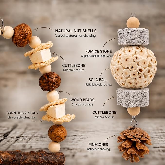 2 Pack Natural Bird Toys Set - Prickly Ash Wood Arch Swing with Walnuts & Cuttlebone - Sola Ball Shreddable Toy with Beak Grinding Pumice Stone, Cage Accessories for Cockatiel, Conure, Parakeets