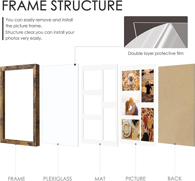 11x14 Collage Picture Frame, 4x6 Collage Picture Frame, Displays Five 4x6 inch Photos, or 11x14 (Without Mat) Wall Decor Wall Hanging or Tabletop, Brown.