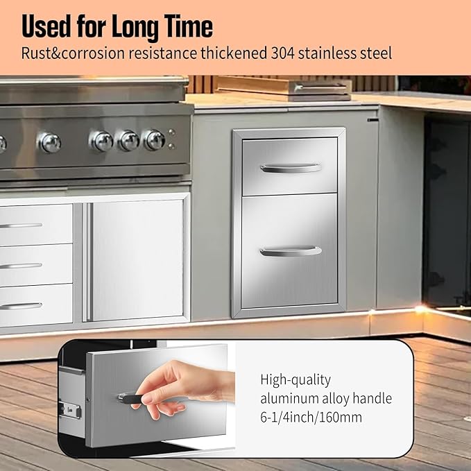 Outdoor Kitchen Drawers Stainless Steel 13W x 20.5H x 21D, Flush Mount Double BBQ Island Drawers with Handle for Outdoor Kitchens, Patio or Grill Station