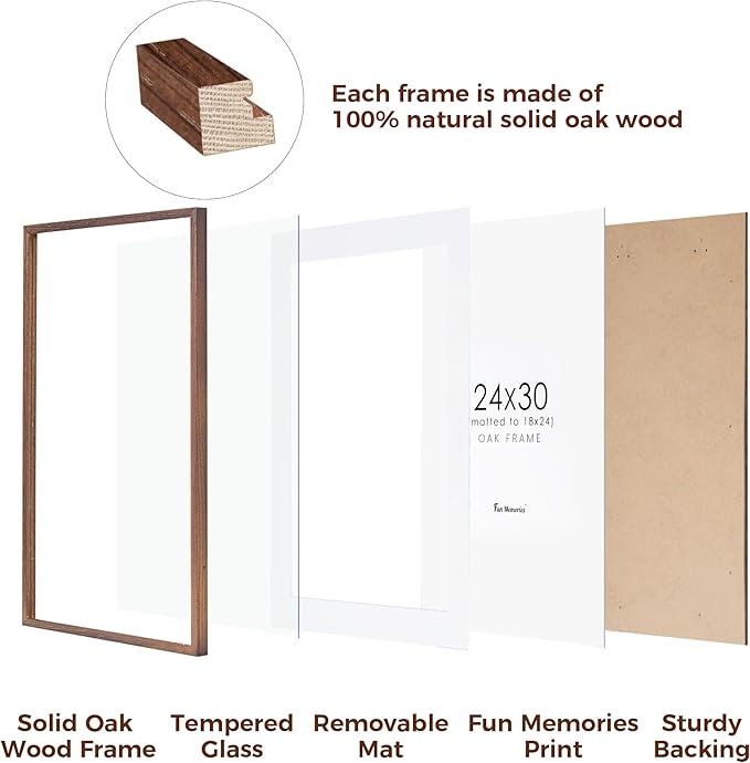Oak Wood Picture Frame - 24"x30" Poster Frame with Tempered Real Glass, Matted for 18x24 Picture, Walnut Color, 1 Pack