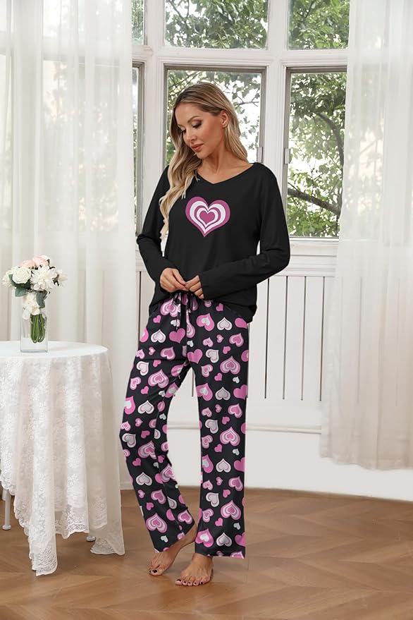 Ekouaer Womens 2 Pack Pajama Set Long Sleeve Pajamas Top and Pants V Neck Pjs Set Soft Loungewear with Pockets