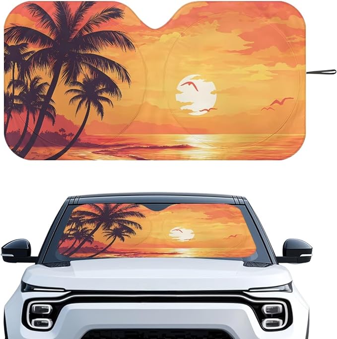 Tropical Sunset Windshield Sun Shade Foldable Car Sun Shade for Front Window Blocks UV Rays Heat Block Universal Fit for Car Window Sunshades Cover Suitable for Most Cars