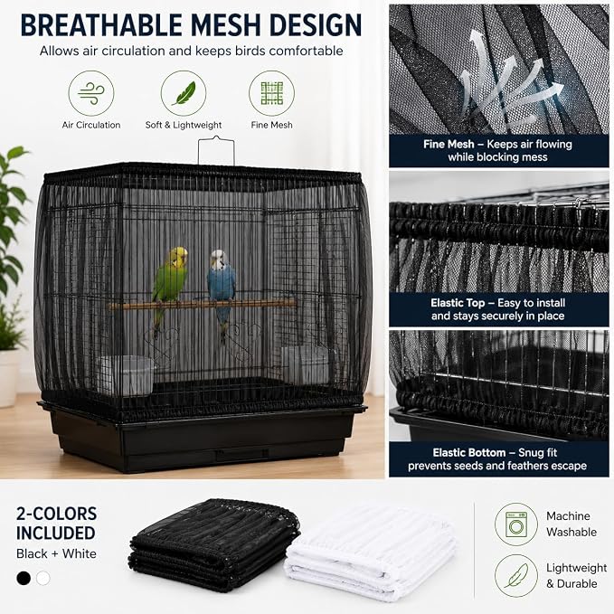RAINFLOW 2 Pack Bird Cage Seed Catcher - Adjustable Bird Cage Skirt | Black & White, Fits 55-100 in Circumference, 16 in High, Breathable Seed Guard for Parrot, Parakeet and Cockatiel Cages