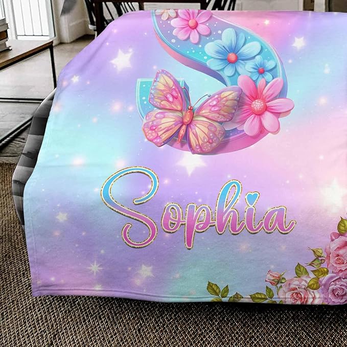Ship Next Day,Personalized Baby Blanket for Girls Custom Birthday Blanket with Name Soft Butterfly Flower Pattern Personalized Name Blankets for Kids Daughter Granddaughter Friends on Birthday
