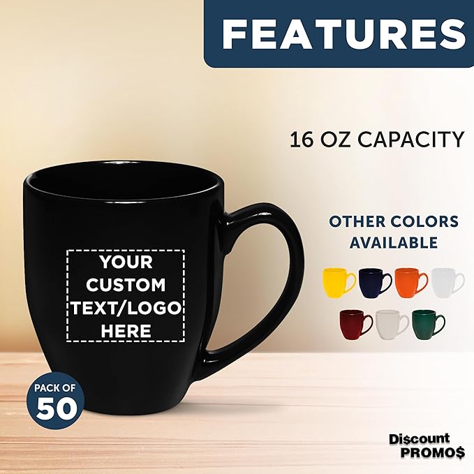 Custom Large Coffee Cups 16 oz. Set of 50, Personalized Bulk Pack - Perfect for Tea, Espresso, Cappuccino, Hot Cocoa - Black