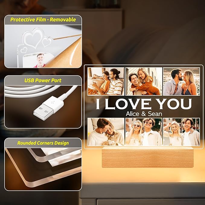Personalized Picture Frame with Photo, Customized Photo Frame with Night Light, Custom Picture Frames, Personalized Anniversary Christmas Gifts for Women Men Her Him Girlfriend Boyfriend Couple