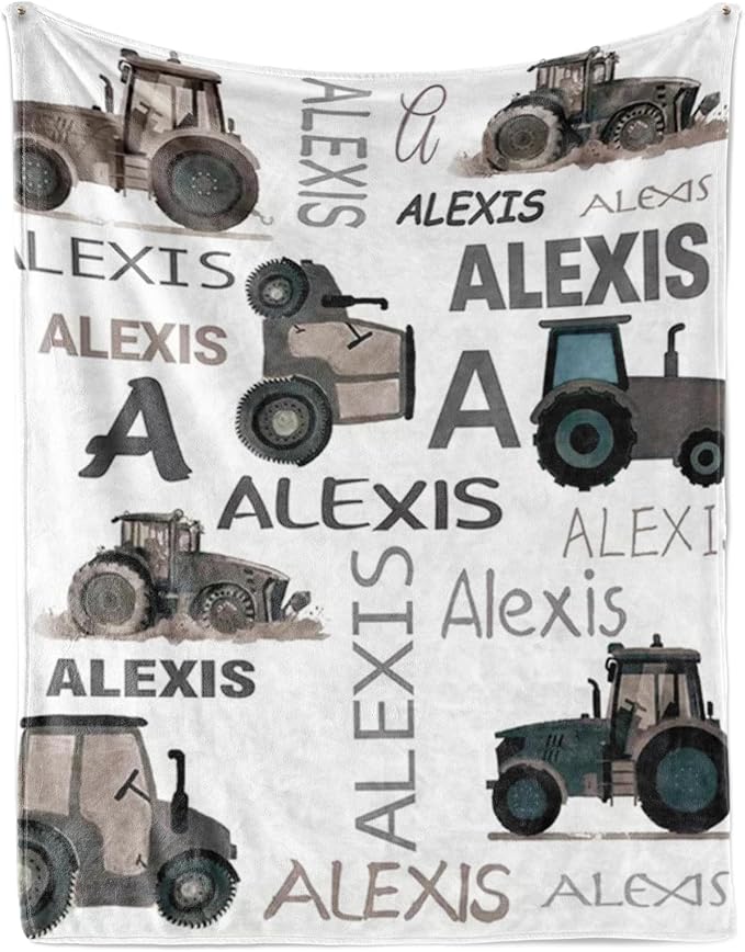 Personalized Tractors Blanket - Custom Name with Farm Tractor Trucks Design - Soft Plush Flannel Bed Blanket for Baby Kid Teen Boys Girls Customized Gifts White & Grey