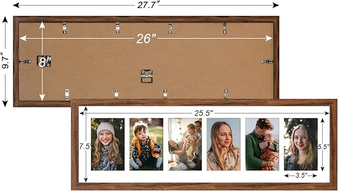 8x26 Collage frame with 6 Openings 4X6 Pictures, Multiple Picture Frame with Mat, Wall or Tabletop Decor, Carbonized Brown Wood Grain (1 Pack)