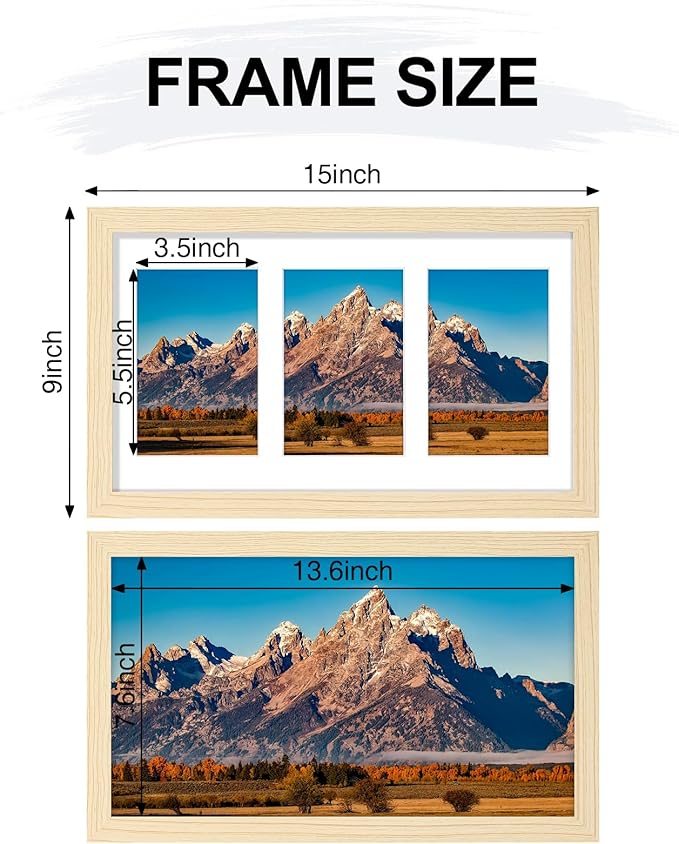 Vittanly 8x14 Picture Frames Collage Wall Decor, Displays 3Pcs 4x6 Pictures with Mat or 1Pcs 8x14 without Mat, Collage Picture Frame for Horizontal or Vertical Display, Nature Wood, 1 Pack