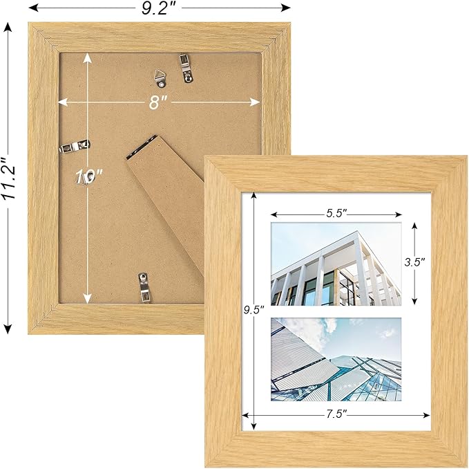 8x10 Picture Frame Display Double 4X6 Picture Frame Collage,Multi Photo Frame with Mat,Plexiglass,Wall or Tabletop Decor,NaturalWood Grain