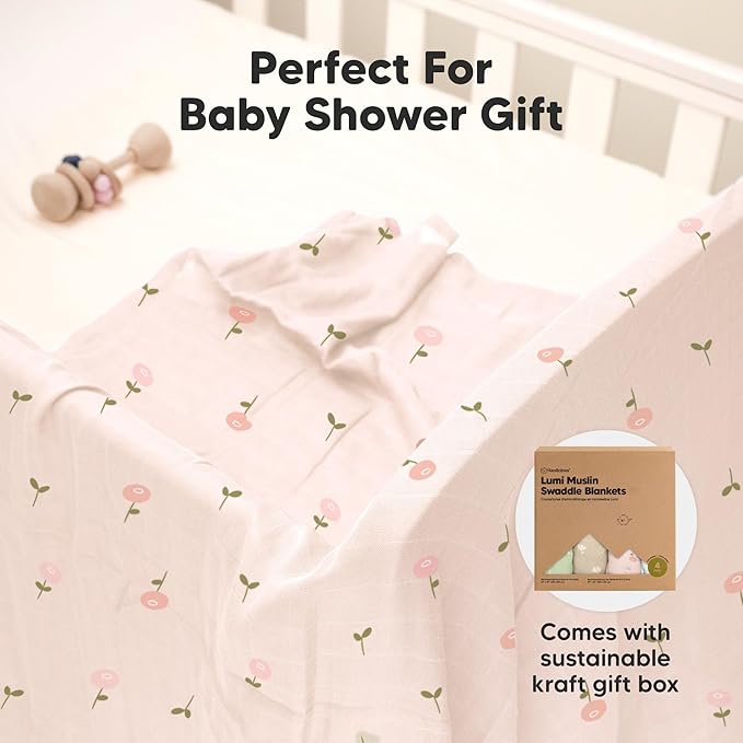 4-Pack Muslin Swaddle Blankets for Boys, Girls - Organic Baby Swaddles for Newborns, Soft & Breathable Receiving Baby Blankets for Girl, Boy, Neutral, Newborn Essentials Gift (Wild Bloom)