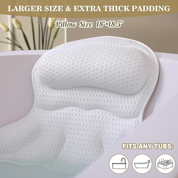 Bath Pillow Luxury Bathtub Pillow, Extra Soft & Comfortable Bath Pillows for Tub Head Neck and Back Support, with 4D Air Mesh Cushions & Non-Slip Suction Cups - Bath Accessories Spa Gifts for Women