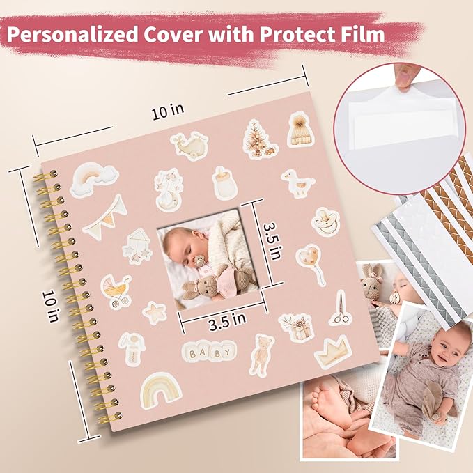 Vienrose Kids Scrapbook Album 10.4"X10.0" with Window Silk Fabric Cover Acid-Free Pages Personalised DIY Photos Scrapbooking for Baby Memory Book, First Year Keepsake Journal Gift Boy Girl, Pink