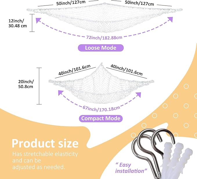 Stuffed Animal Net Hammock for Plushie Toys, Stuffed Animal Hammock Corner for Kids' Room Decor, Ideas for Organizing Stuffy Collection, 2 Packs, White