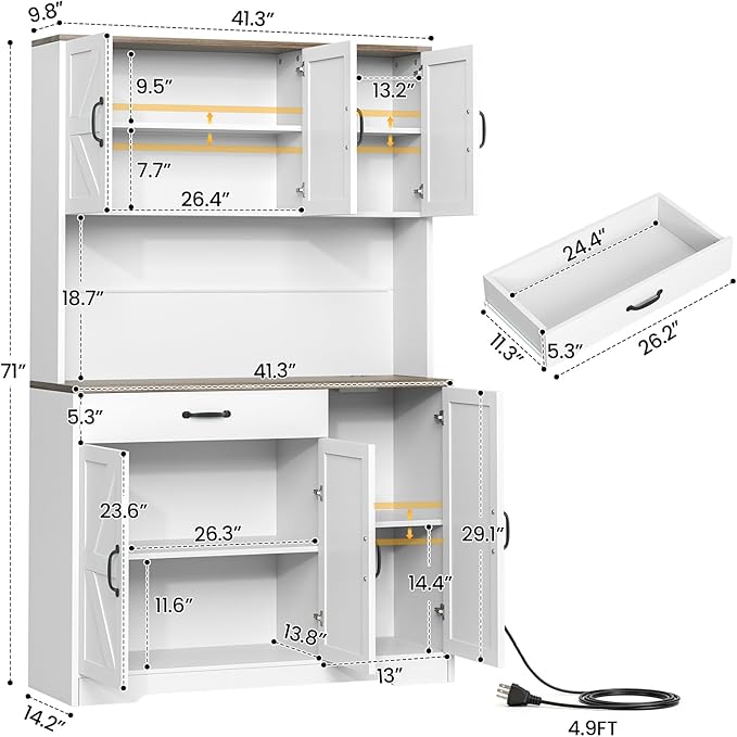 GRUSIGN 71" Pantry Cabinet with Charging Station, Large Capacity Kitchen Hutch Storage Cabinet, Kitchen Cabinet with Microwave Stand, Storage Drawers & Adjustable Shelves for Dining Room, White
