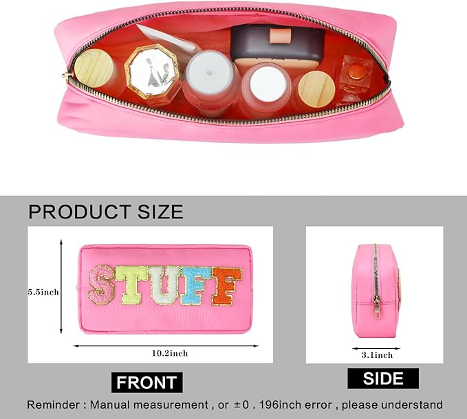 DYSHAYEN Nylon Stuff Cosmetic Bag Small Travel Preppy Makeup Pouch Bag for Women Girls with Chenille Letter Patches (Pink-STUFF)