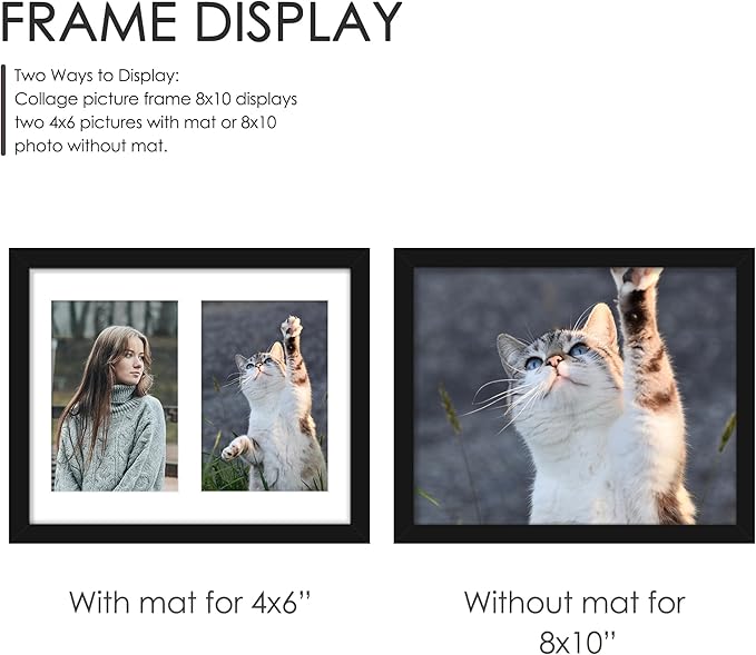 8x10 Double Picture Frame White Mat For Displaying Two 4x6 Pictures, Photo Frame for Wall Mounting or Tabletop, Black.