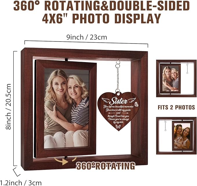 Memorial Gifts for Loss of Sister,Rotating Wooden Picture Frame, Sympathy Gift Keepsake, Healing Grief Gift for Loss of Sister, Remembrance for Funerals, Memorial Ceremonies, Fits 4x6 In Photo
