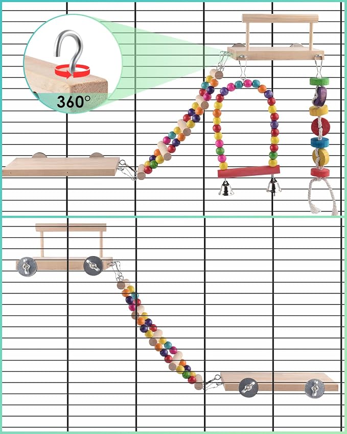 DBNESS 5in1 Bird Parakeet Toys, Detachable Birdie Perches Platform Swing with Climbing Ladder, Parrot Cage Stand Accessories, Wooden Playing Gyms for Conure Cockatiel Lovebird Finch Budgerigar Pigeon