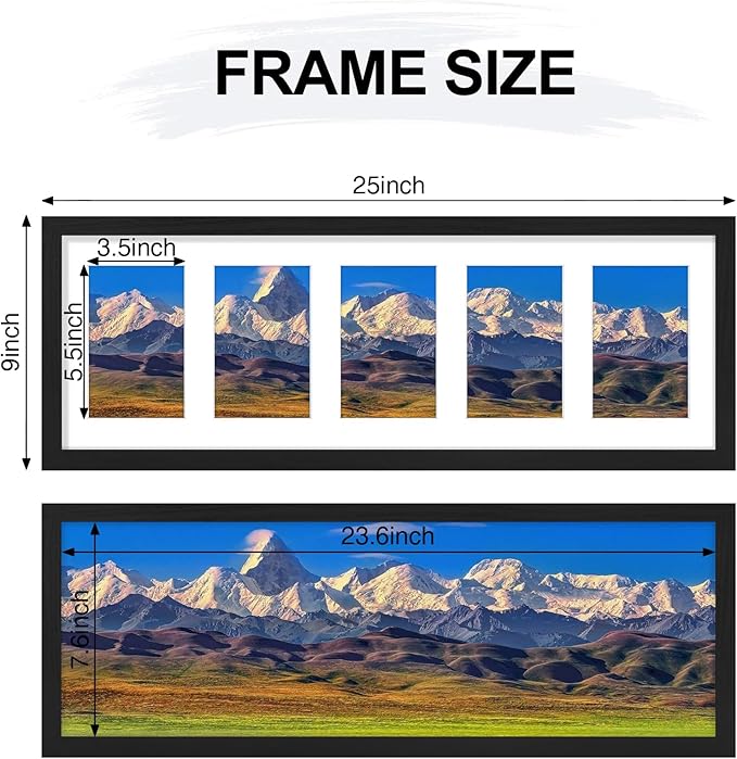 Vittanly 8x24 Collage Picture Frame, Displays 5Pcs 4x6 Pictures with Mat or 1Pcs 8x24 without Mat, Picture Frames Collage Wall Decor for Horizontal or Vertical Display, Black, 1 Pack