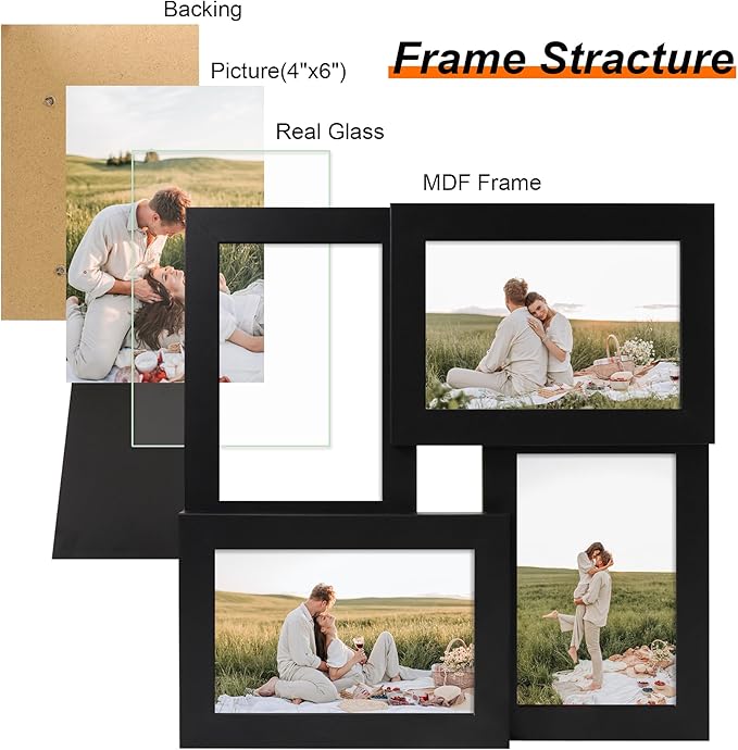 4x6 Collage Picture Frames Set of 1, Multi Family Photo Frame with Real Glass, Displays Four 4x6 Photo, Wall Decor Wall Hanging or Tabletop, Black
