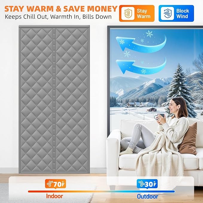 Magnetic Thermal Insulated Door Curtain 38''x82''-Fits 36''x80'' Door Opening, Cotton-Filled Weatherproof Oxford, Thermal Curtain for Winter, Keep Cold Out, Drill-Free & Easy Install, Grey