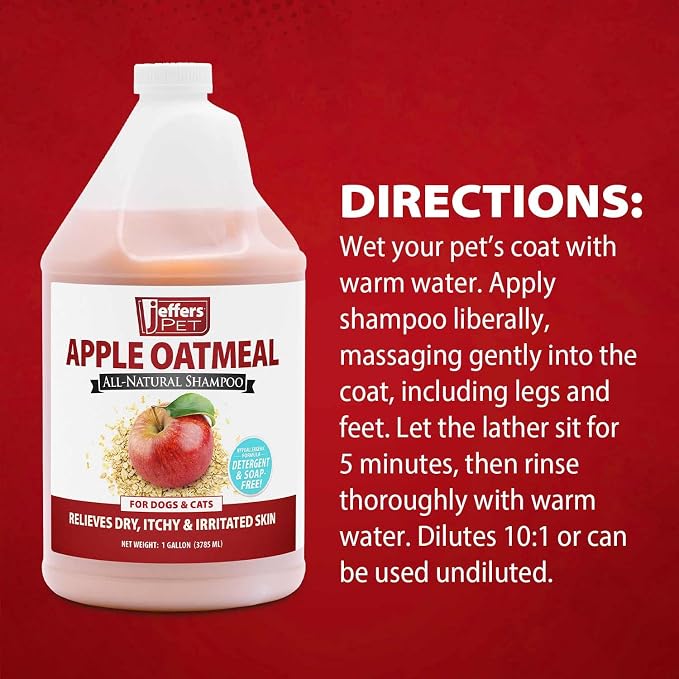 Jeffers Pet Apple Oatmeal Shampoo for Dogs & Cats, 128 oz - Gentle Coconut Based Formula w/Colloidal Oat Protein, Soap Free, Deodorizing Apple Scent, Sensitive Skin, Puppies Kittens Grooming Care
