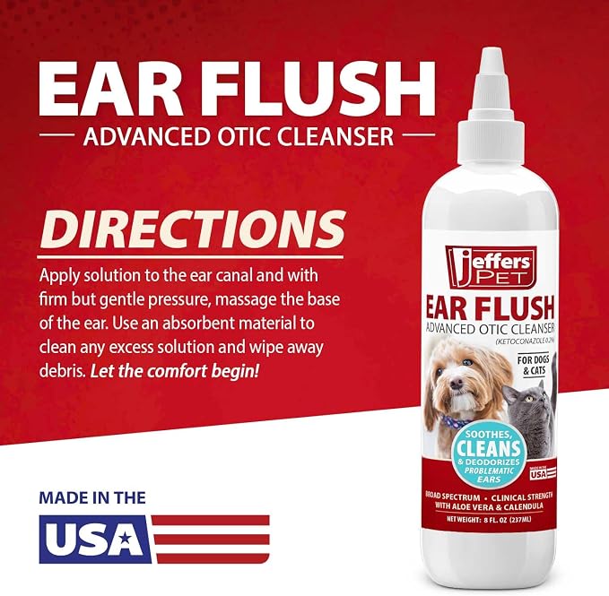Jeffers Ear Flush for Dogs, Cats & Puppies, 8 oz - Otic Ear Cleanser Solution with 0.2% Ketoconazole, Aloe Vera & Calendula, Gentle Ear Wash for Pet Hygiene, Grooming, Wax & Debris Cleaning