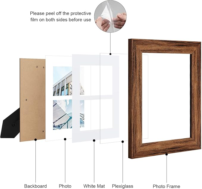 8x10 Picture Frame Display Double 4X6 Picture Frame Collage,Multi Photo Frame with Mat,Plexiglass,Wall or Tabletop Decor,Carbonized Brown Wood Grain