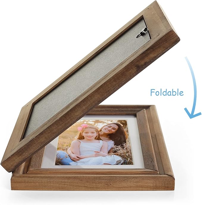 5X7 Double Wooden Hinged Picture Frame Horizontal and Vertical in Distressed Farmhouse Wood Grain, Display 4x6 with Mat or 5x7 without Mat, Folding Photo Frame with Real Glass Front for