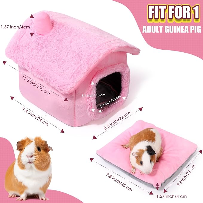 Guinea Pig Hideout - Guinea Pig Bed, Separable Plush Roof, Bunny Hideout, Rabbit Bed, House Bed for Small Pets, Pure Pink