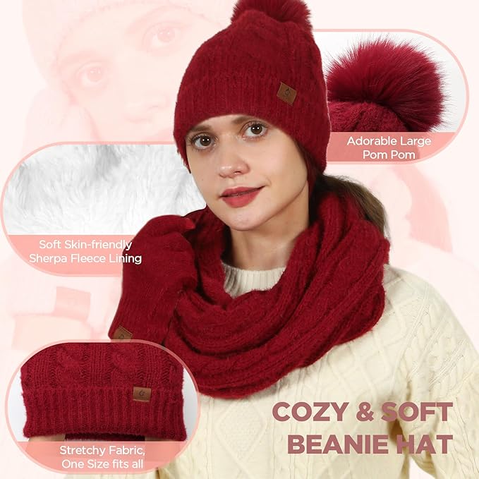 Womens Beanie Hat Infinity Scarf Touchscreen Gloves Fleece Headband 4 in 1 Winter Clothes Set Gifts for Women